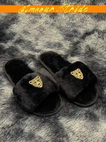 With Gold Panther Rhinestone Inlay Style,House Slippers Are Comfortable, Soft, Fashionable, And Can Be Worn Outside Or At Home. They Are A Choice For Trendsetters,Shoes Women Slippers,Fluffy Slippers,Slippers,Black Minimalist Fuzzy Bedroom Slippers,White Shoes,Gray Shoes