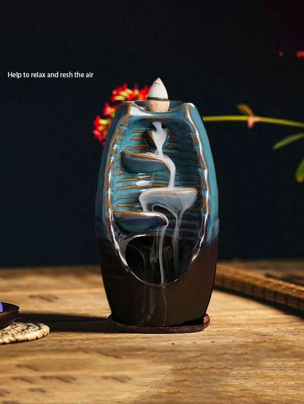 1pc Ceramic Backflow Incense Burner, Small Size Blue Incense Waterfall Burner, Home Decoration Item, Gift For Friends