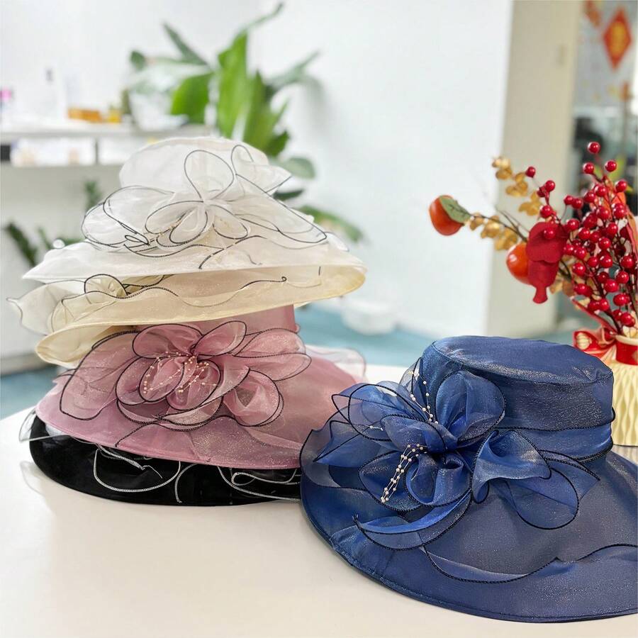 JEWELRYWE Kentucky Derby Large Women's Hat, 1920s Charming Fancy Wide Brim Organza Flower Large Hat, Tea Party Wedding Church Hat, Evening Party Hat, Comfortable And Breathable