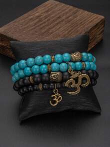 1/2pcs Unisex Adjustable Synthetic Turquoise Glass Beaded Bracelet Set, Versatile Daily Wear