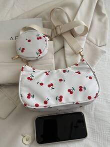 2pcs Set: Mini Geometric Pattern Square Coin Purse & Classic Women Crossbody Bag With Hanging Pouch, Cherry Blossom Design - Red and White - View 7