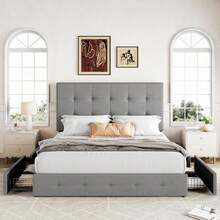 Cama de plataforma tamaño queen tapizada Allewie con 4 cajones de almacenamiento y cabecera, botones cosidos en cuadrados, base de colchón con soporte de listones de madera, no se necesita box spring, gris claro - Beis - Ver 12