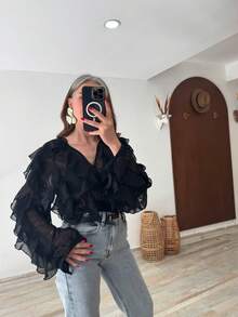 HZXVIC Women's New Autumn French Style Multi-Layer Ruffle Sheer V-Neck Drape Long Sleeve Blouse - Black - View 11