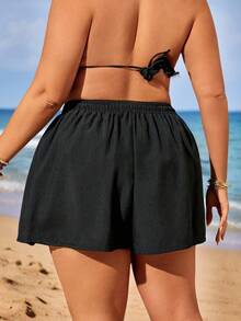 Swim Lushoire Plus Size Women's Solid Color Waist Tie Casual Beach Shorts Summer - Black - View 3