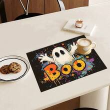 4pcs Halloween Ghost Print Placemats Set, Woven Polyester Rectangular Table Mats, Hand Wash Only, Kitchen & Home Decor, Indoor & Outdoor Dining Decoration - Multicolor - View 23