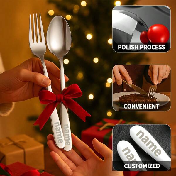 Customized Stainless Steel Cutlery Set, Including Stainless Steel Spoon, Fork, And Chopsticks, Portable Tableware Set, Customized Logo Engraved Spoon, Coffee/Tea Spoon, Suitable For Students, Home, Office, Family Gathering, Back To School, Birthday, Valentine's Day, Christmas, Thanksgiving, Father's Day, Mother's Day