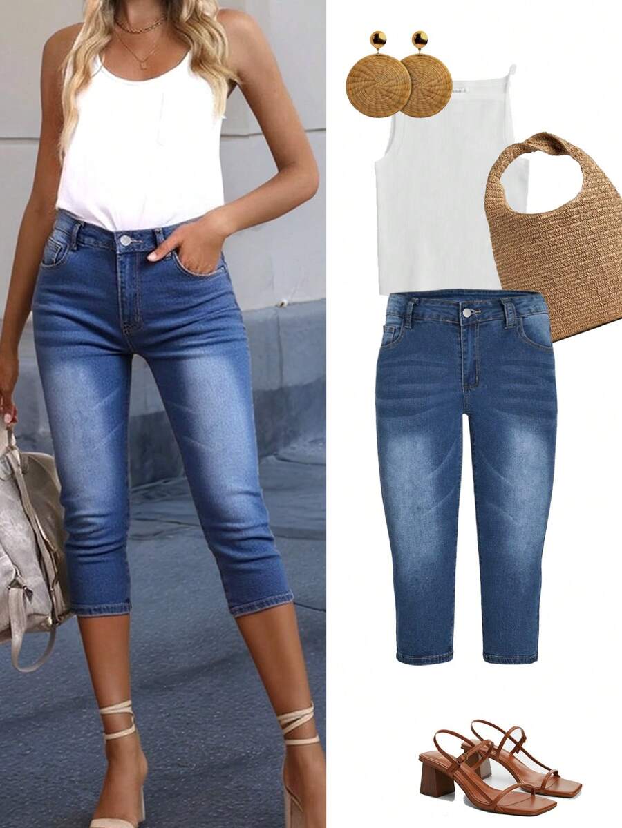 Women's Pocketed Skinny Casual Fit Capri Jeans - Blue - View 1
