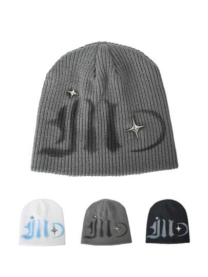 1pc Knitted Hat, Graffiti & Star Pattern Fashion Versatile Beanie, Autumn/Winter Warm Knit Cap, European & American Style