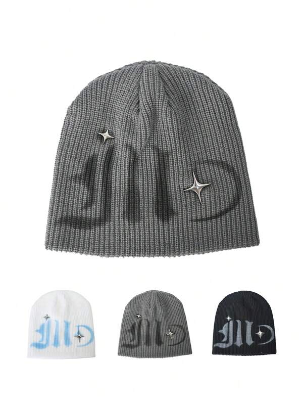1pc Knitted Hat, Graffiti & Star Pattern Fashion Versatile Beanie, Autumn/Winter Warm Knit Cap, European & American Style