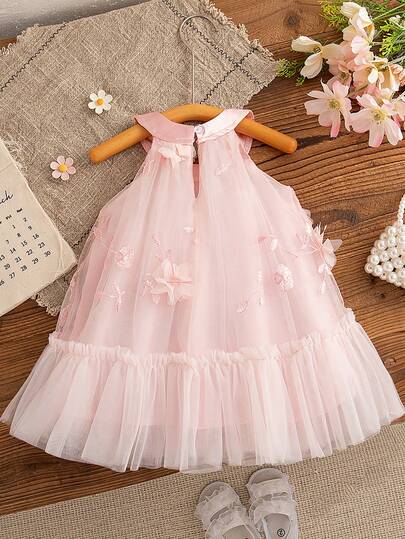 Summer Baby Girls Flower Embroidery Solid Color Mesh Sleeveless V-Neck Princess Dress, Elegant Sheer Party Wedding Flower Girl Dress