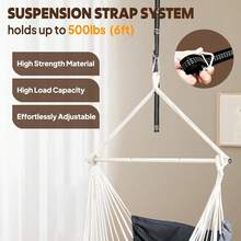 Columpio Colgante para Silla con Hamaca, 2 Cojines, Barra Duradera, Tejido de Algodón Suave, Bolsillo Lateral, Borlas, Reposapiés Grande y Soporte - Azul real-barra separadora metálica - Ver 6