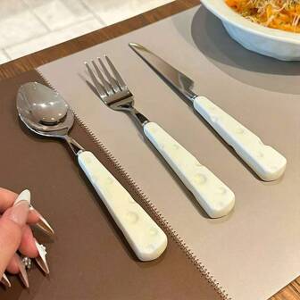 3PCS Stainless Steel Knife, Fork And Spoon Three Pieces Tableware, Cheese-Shaped Steak Knife And Fork Household Imitation Ceramic Handle Dessert Spoon Fork Western Tableware