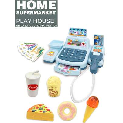 互动式超市收银员玩具，模拟迷你收银机游戏套装，包含游戏币和配件，角色扮演游戏套装，带声光效果的扫描仪。寓教于乐的角色扮演游戏，节日礼物，生日礼物，儿童超市，超市收银机，迷你超市，蛋糕和甜点