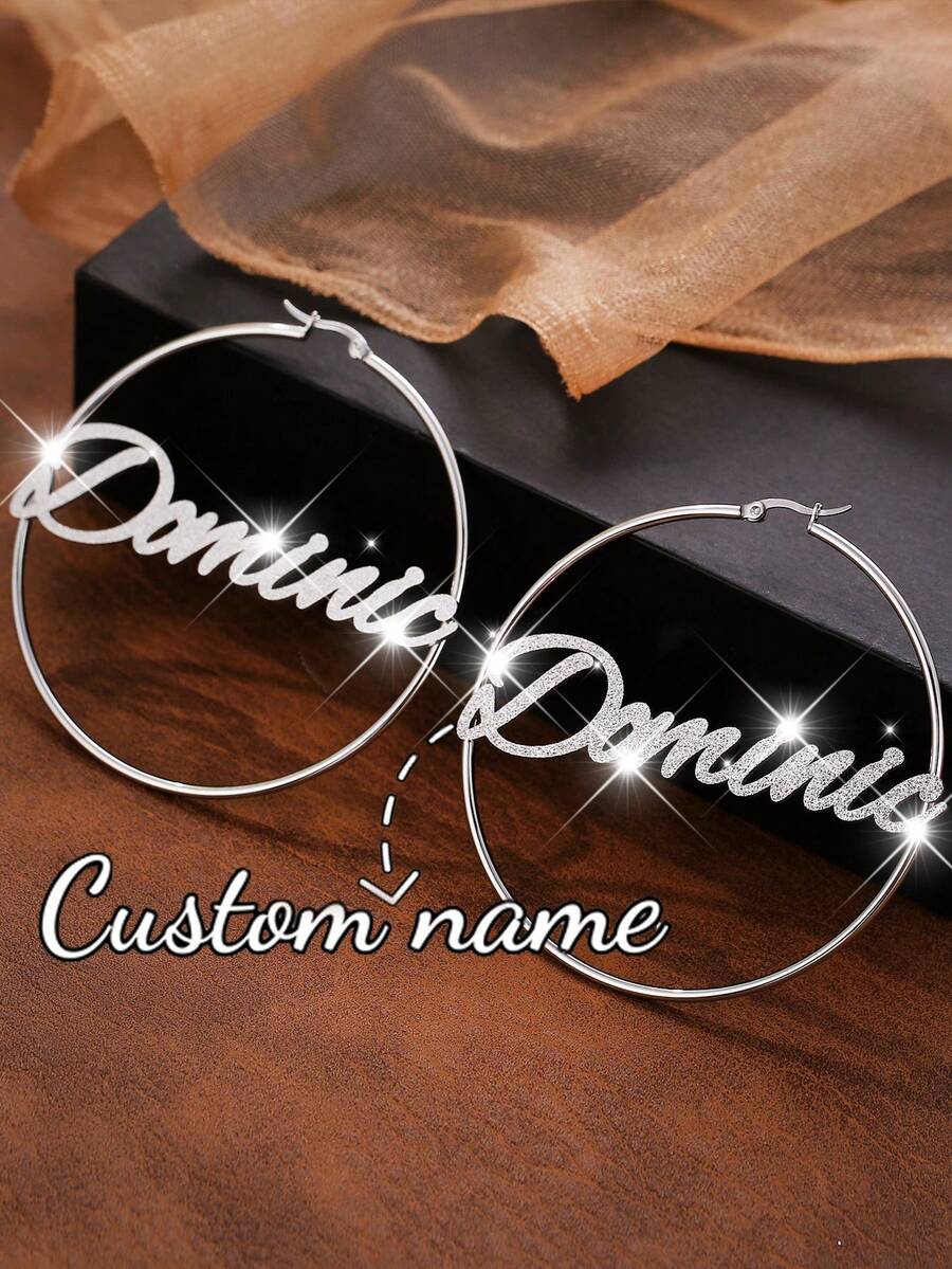 70mm Round Hoop Earrings Customized Name Earrings, Fashionable Personalized Bohemian Stainless Steel Gold Cursive Letter Oversized Hoop Earrings, Party Jewelry, Birthday, Christmas Gift For Her - Silver-frosted - View 1