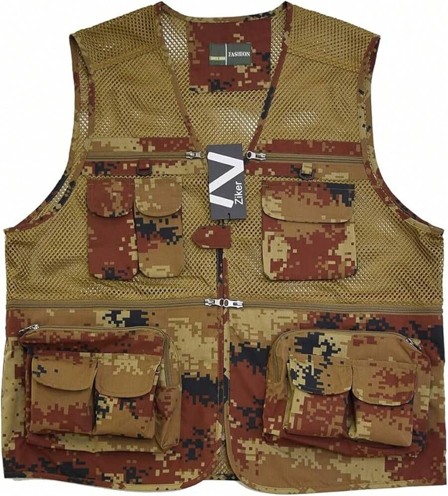 Men's Mesh Breathable Openwork Camouflage Journalist Photographer Fishing Vest Waistcoat CoatChristmas FW4R - Màu nâu ngụy trang - Xem 1