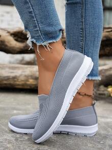 2025新款时尚休闲运动户外女鞋软底针织平底鞋透气软底鞋休闲轻便一脚蹬 - 灰色 - 查看 4