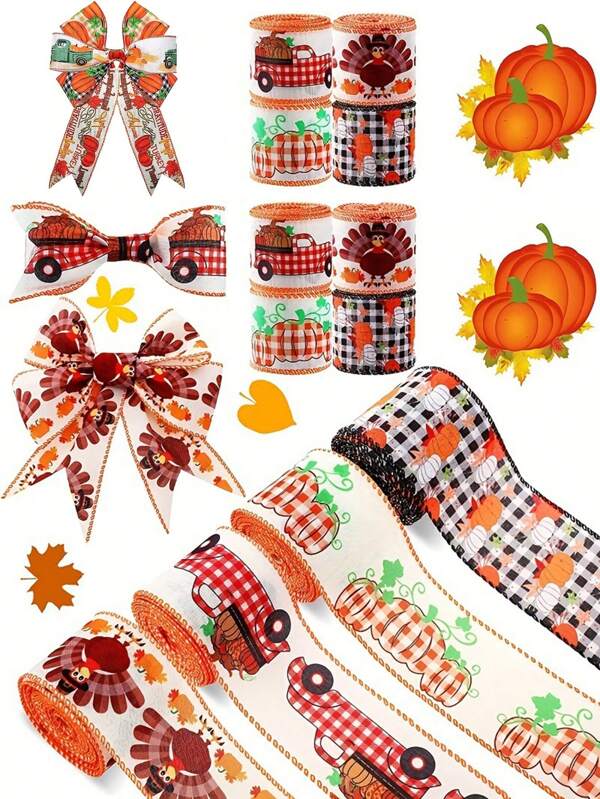 1pc Harvest Season Welcome Orange Pumpkin Ribbon, Autumn Plaid Ribbon Farmhouse Diy Bow Ribbon, Halloween Thanksgiving Christmas Ribbon, Gift Wrapping And Holiday Party Decoration, Country Style Design, Room Decor, Home Decor Halloween Decor Fall Decor