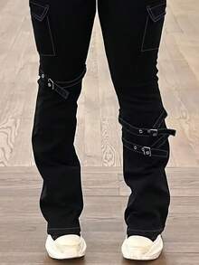 Women's Plus Size Gothic Punk Style High Waisted Elastic Black Distressed Micro Flared Jeans With Adjustable Buckle Design For Street Fashion And Casual Outdoor Women's Plus Size Jeans - 黑色 - 查看 5