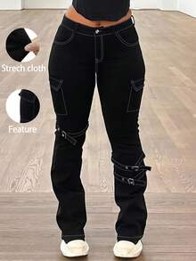 Women's Plus Size Gothic Punk Style High Waisted Elastic Black Distressed Micro Flared Jeans With Adjustable Buckle Design For Street Fashion And Casual Outdoor Women's Plus Size Jeans - 黑色 - 查看 6