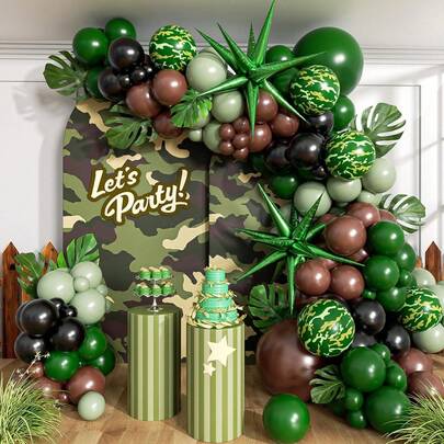 137pcs Jungle Camouflage Themed Balloon Garland Arch Set, Including Dark Green, Brown, Sage Green And Black Latex Balloons, Perfect For Birthday Party Decorations, Game Decorations, Outdoor Decorations, Jungle Camouflage Hunting Theme Party Supplies.