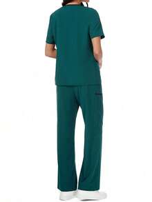 Damen Lässig Work Uniform mit Mandarin-Kragen, Farbblock, Multi-Taschen, locker geschnitten mit Kordelzug, Krankenschwestern-Uniform, Gesundheitswesen, Zahnarztpraxis, Tierklinik, Laborarbeitskleidung - Dunkelgrün - Übersicht 4