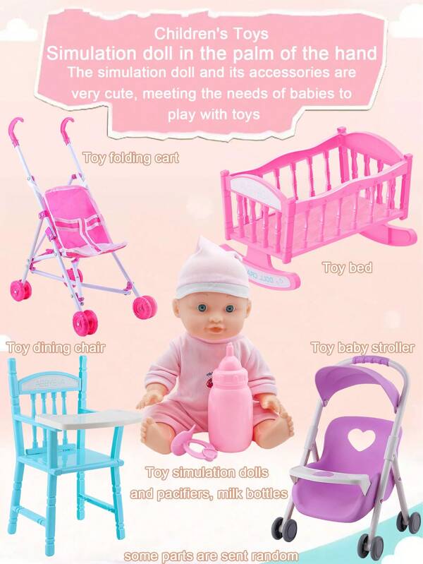 Juguete de simulación, juguetes pequeños para la palma de la mano, juguete para niños, carrito de juguete para empujar y jugar, juguete de empujar para bebé, carrito de princesa para bebé niña, juguete de cochecito de bebé con muñeca, cuna de bebé, juguete de empujar para niños, chupete, biberón, juguete de trona