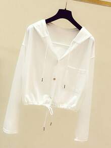 Women's Solid Color Drop Shoulder Long Sleeve Hooded Jacket With Pockets - White - View 2