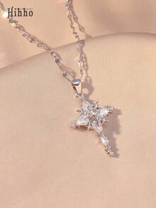 Hihho 1pc Stainless Steel Cross Pendant Necklace With 4 Star Embellished Elegant Choker For Women - Cross - View 7