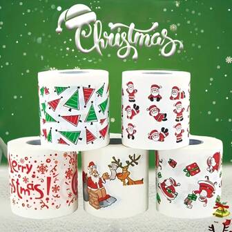1/5-Pack Christmas Toilet Paper Rolls, Festive Santa, Reindeer & Tree Designs, Soft Tissue, Dust-Free, Commercial Bulk Pack, 2-Ply, For Holiday Decor & Party Supplies