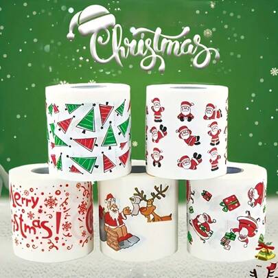 1/5-Pack Christmas Toilet Paper Rolls, Festive Santa, Reindeer & Tree Designs, Soft Tissue, Dust-Free, Commercial Bulk Pack, 2-Ply, For Holiday Decor & Party Supplies