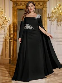 UNITHORSE 不对称领口长袖奢华缀饰垂坠下摆晚礼服，新娘礼服，女士生日服装，毕业礼服，正式礼服，全白派对服装女士