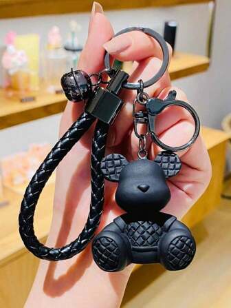 1pc Bear Design Keychain With Braided Rope For Gifts, Wallets, School Bags, Backpacks, And Satchels Bear Resin Keychain Black Cool Key Ring Bag Charm For Car Keys, Backpack Accessories,Decoration Gift For Women Girls