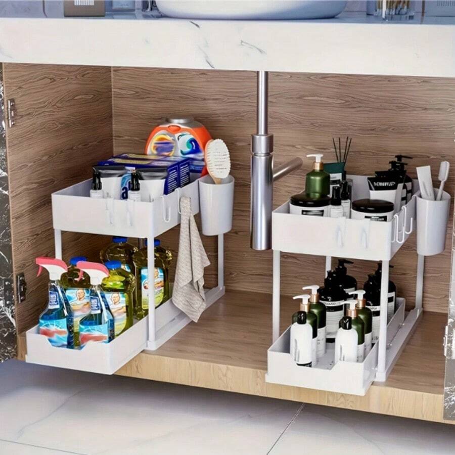 双层拉出式塑料抽屉套装，防滑设计，滑动稳定 - 非常适合厨房和浴室整理，可容纳清洁用品 - 彩色 - 查看 1