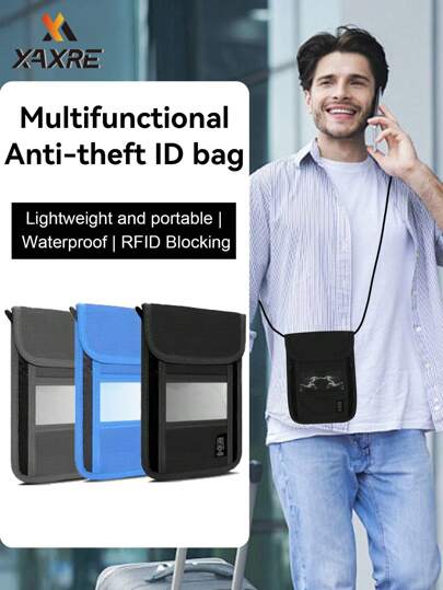 XAXRE Travel Neck Wallet With RFID Blocking – Passport Holder Organizer Neck Pouch – Portable Easy To Conceal Travel Pouch (PVC Black Light Blue Gray)
