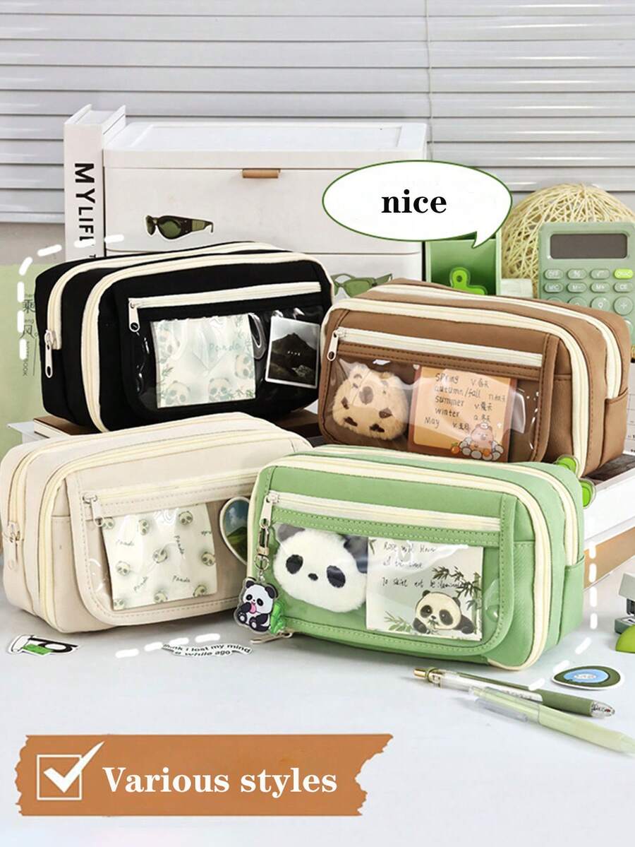 1pc New Panda 9 Grid Multi-Compartment Large Capacity Pencil Case, Various Styles Available, Reasonable Storage For Stationery, Suitable For Back To School Season - Multicolor - View 1