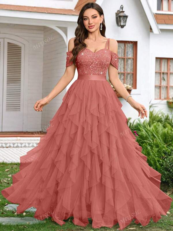 MIUSOL Vestido largo de fiesta elegante con cuello de corazón, hombros descubiertos, volantes de malla y dobladillo con volantes con lentejuelas y encaje floral, para mujeres, perfecto para vacaciones, invitada de boda, graduación, cena