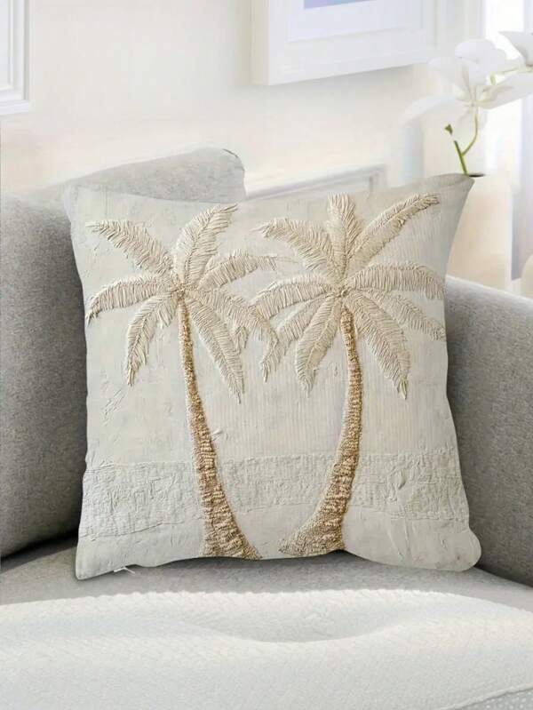 1/2/4 Pcs 17.7x17.7 Inch 2d Flat Print Tropical Palm Tree Print Decorative Pillowcase - Modern White With Gold Accents, Breathable Polyester, Zipper Closure, Machine Washable, Suitable For Living Room, Bedroom, Patio Decoration, Palm Tree Decoration, Bedroom Decoration, Modern Style