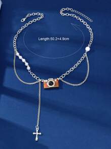 1 Pc Stylish Silvery Chain Camera Cross Charm Collar Necklace For Women School Party Daily Prom Jewelry Accessories