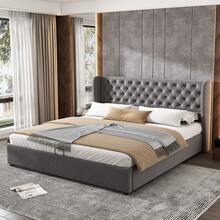 Upholstered Bed Ear-Shaped Velvet Fabric Large Button Seams Double Bed 160*200, Hydraulic Functional Bed With Slatted Frame And Storage Space, Bed Base Is Covered With A Dirt-Repellent Black Fleece Fabric, Grey - Grey + Velvet + 160cm*200cm - View 4