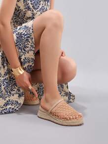 Sandalias con cuña de soga de cáñamo, suela gruesa, respirables con malla calada, diapositivas planas casuales para vacaciones de verano, zapatos de moda diarios para mujer