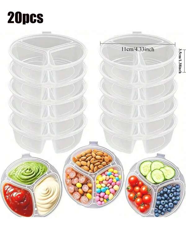 5/10/20 Pcs Portable 3-Compartment Condiment Container - Reusable Plastic Sauce And Dip Serving Tray For Travel, Snacks And Meal Preparation (Clear), Dipping Cups