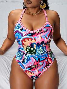 Slaydiva Plus Size Allover Print Beach Vacation One-Piece Swimsuit Summer - Multicolor - View 1