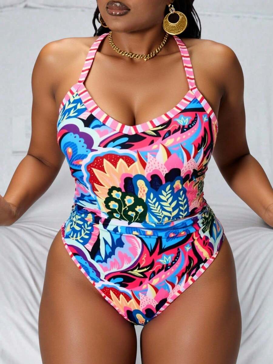 Slaydiva Plus Size Allover Print Beach Vacation One-Piece Swimsuit Summer - Multicolor - View 1