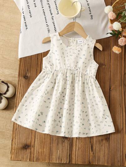 Süßes und niedliches Kleid mit Blume Muster ohne Ärmel und Rundhalsausschnitt für Baby Mädchen im Sommer, bequem und elegant, geeignet für tägliche Lässig und Partys, Treffen