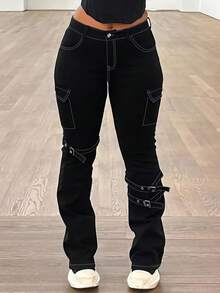 Women's Plus Size Gothic Punk Style High Waisted Elastic Black Distressed Micro Flared Jeans With Adjustable Buckle Design For Street Fashion And Casual Outdoor Women's Plus Size Jeans - 黑色 - 查看 3