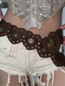 1 pieza Cinturón de cintura de PU (poliuretano) con patrón geométrico vintage para otoño, Halloween - Marrón - Ver 3