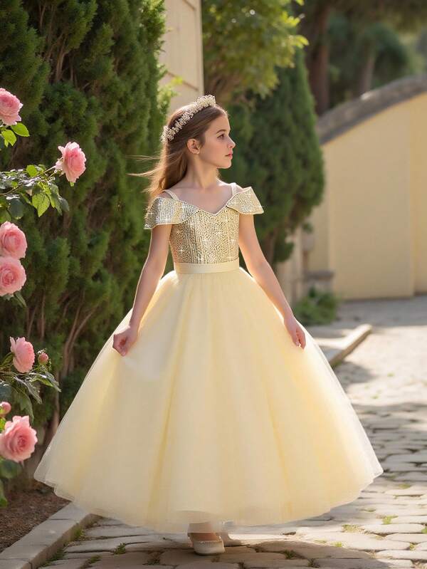 Tween Girls Long Sequin Mesh Off-Shoulder Party Dress, Elegant And Glamorous, Dress Only (No Hair Accessories Included)