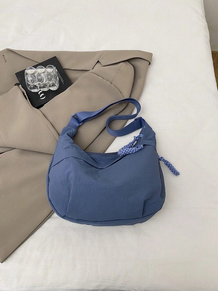 Bolso de hombro resistente al agua de nailon de unicolor, estilo minimalista casual tipo mochila universitaria con correa ancha y múltiples compartimentos con cremallera, adecuado para estudiantes, ir al trabajo, ir de compras - Azul - Añade 6