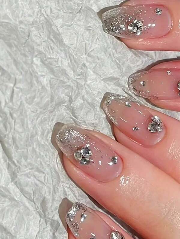 24pcs Short Coffin Shaped Nail Tips, Fashionable Ombre Glitter With Rhinestones, Suitable For Daily Casual, Party, Gathering And Other Occasions To Enhance Hand Aesthetics And Showcase Personalized And Elegance