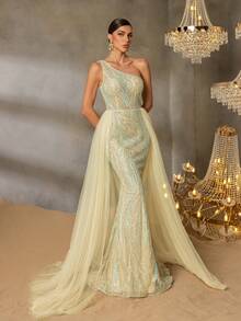 Faeriesty Elaborate Women's Sleeveless Sequined Gown With Asymmetrical Neck Design And Lace Up Back Detail For Evening - Champagne - View 8